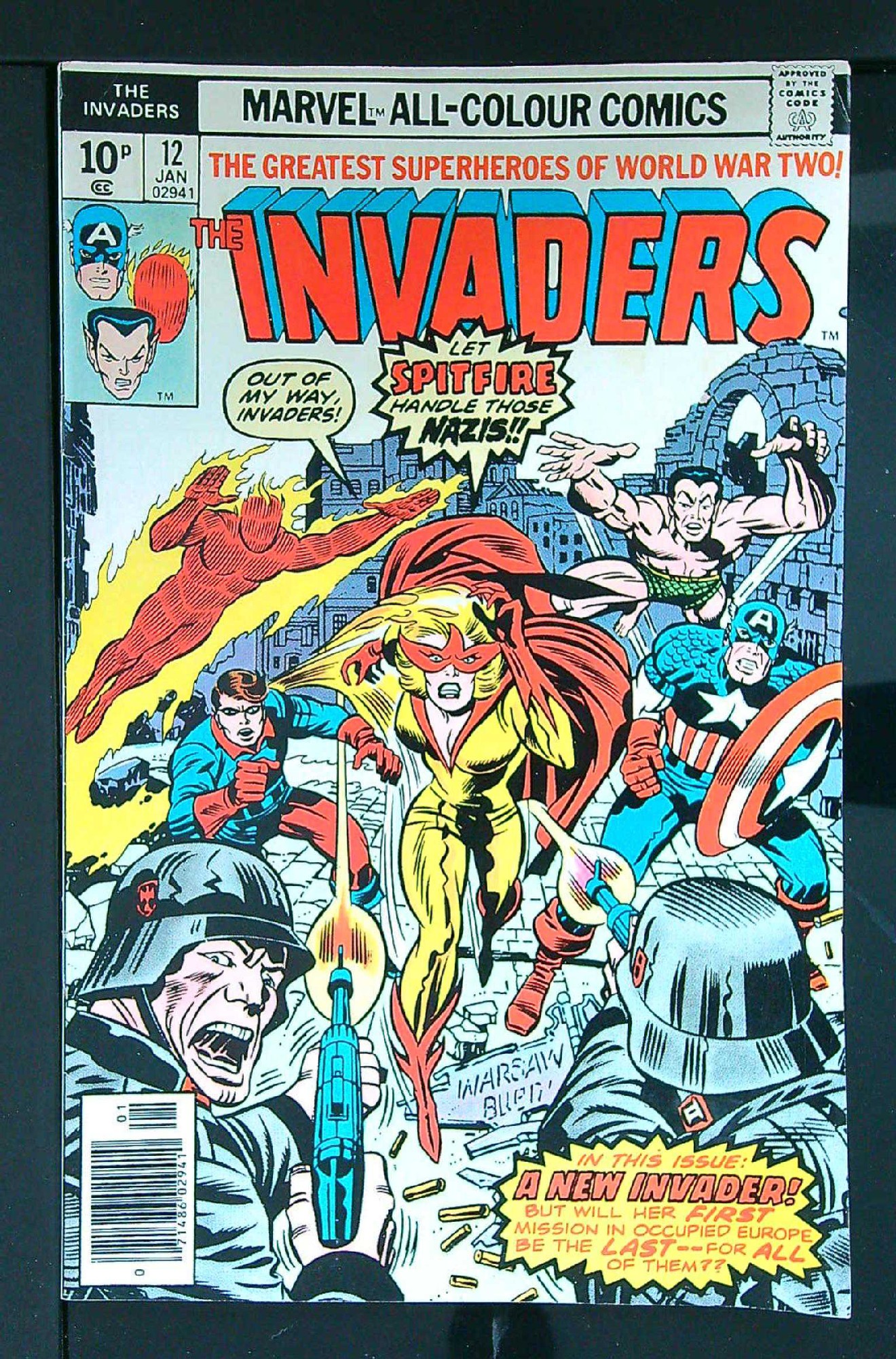 Origin of Spitfire<br>ACTUAL SCAN OF COMIC!<br> Cover of Invaders (Vol 1) #12. One of 250,000 Vintage American Comics on sale from Krypton!
