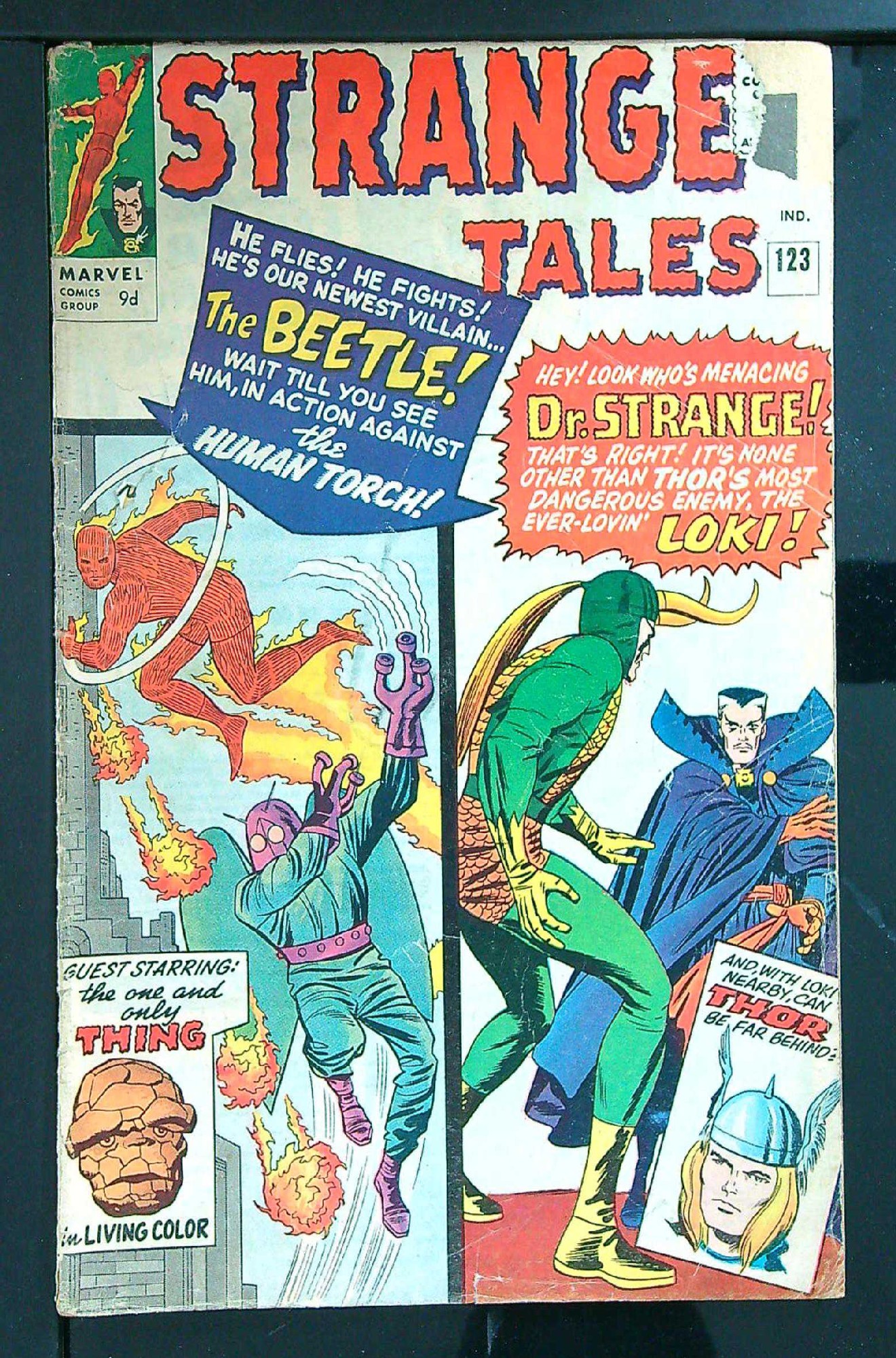 ACTUAL SCAN OF COMIC!<br>Small part out of top corner - See Scan Cover of Strange Tales (Vol 1) #123. One of 250,000 Vintage American Comics on sale from Krypton!