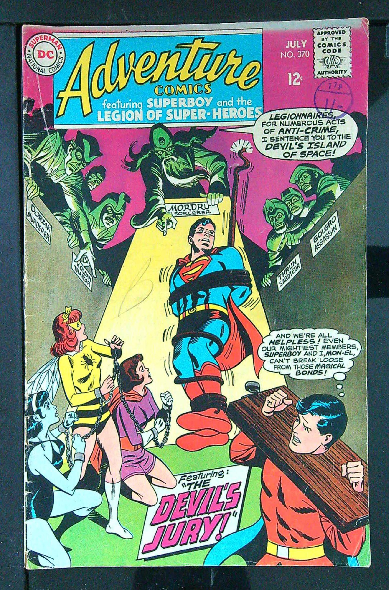 ACTUAL SCAN OF COMIC!<br>Distribution Stamp & Pen on Cover - See Scan Cover of Adventure Comics (Vol 1) #370. One of 250,000 Vintage American Comics on sale from Krypton!