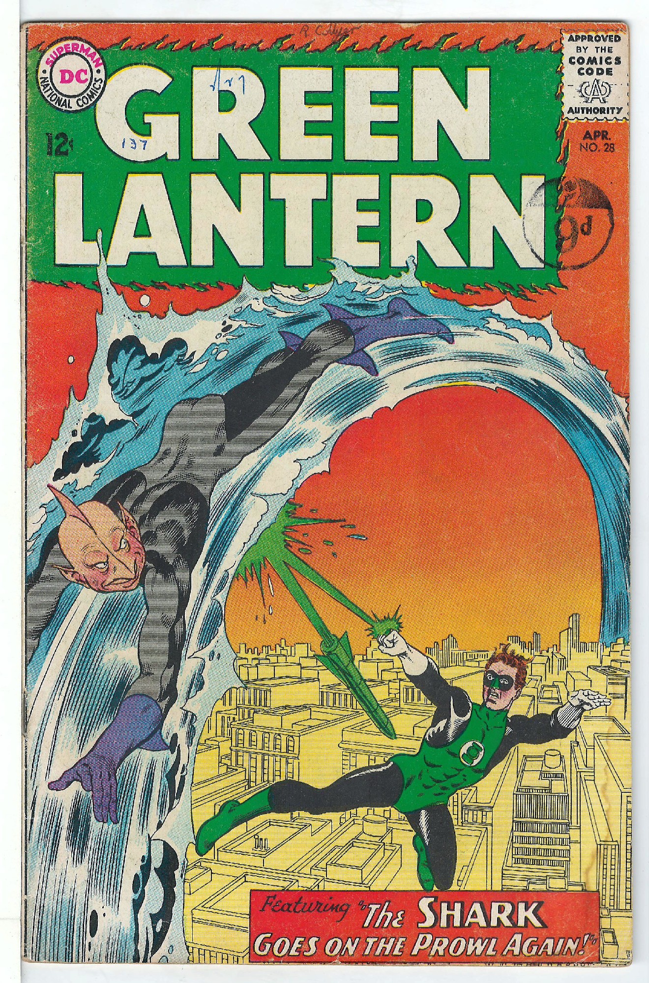 ACTUAL SCAN OF COMIC!<br>Pen on Cover - Stamp on Cover - See Scan Cover of Green Lantern (Vol 2) #28. One of 250,000 Vintage American Comics on sale from Krypton!