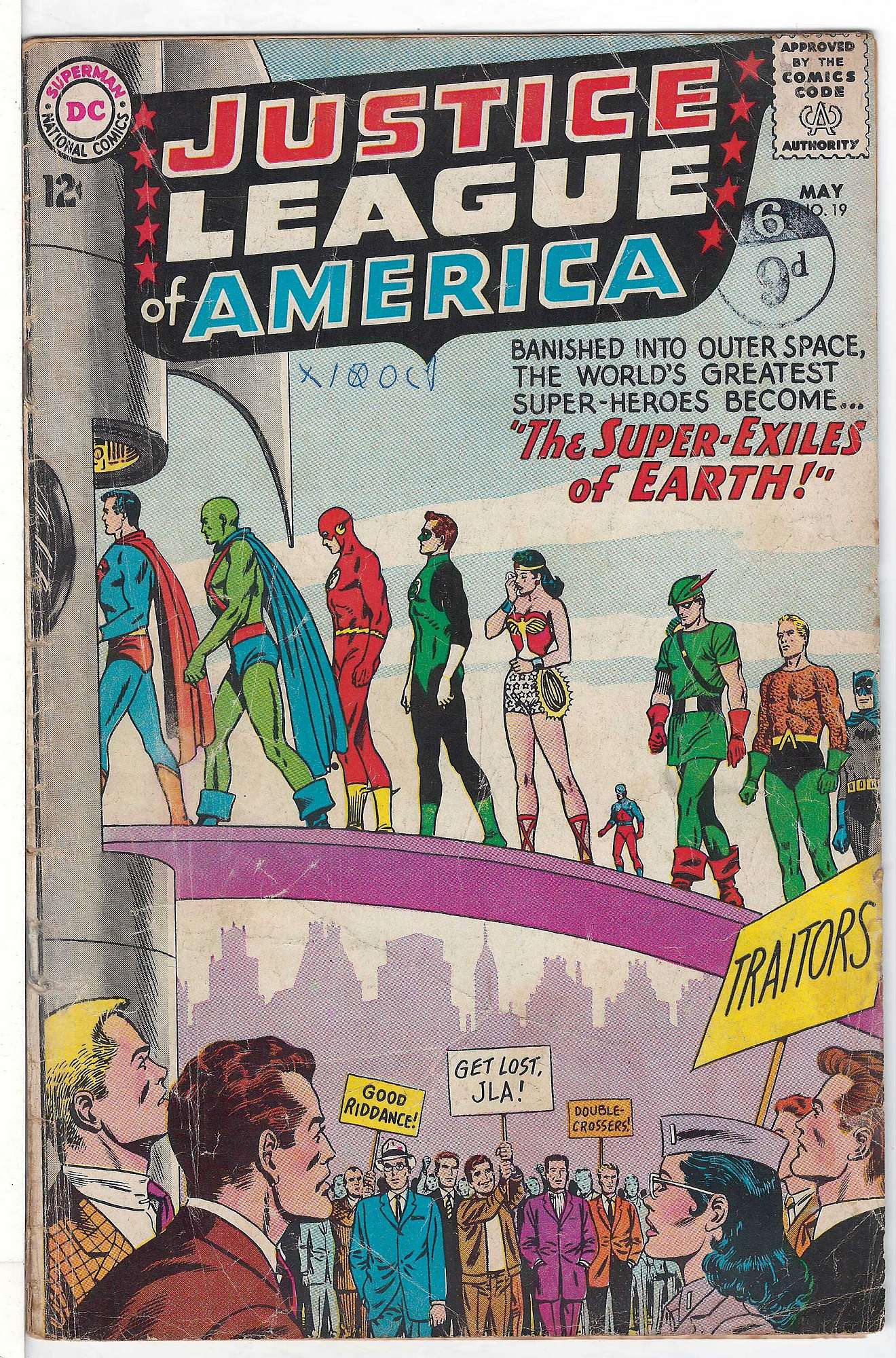 ACTUAL SCAN OF COMIC!<br>Pen & Stamp on Cover - See Scan - Taped lower staple. Cover of Justice League of America (Vol 1) #19. One of 250,000 Vintage American Comics on sale from Krypton!