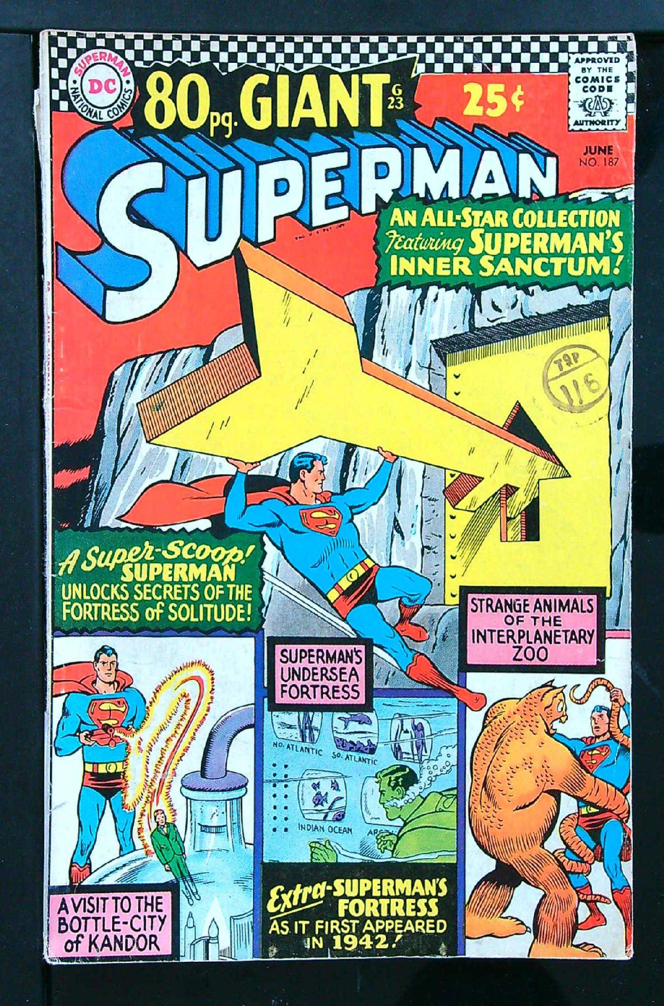 ACTUAL SCAN OF COMIC!<br>Distribution Stamp on Cover - Tape on Spine -See Scan Cover of Superman (Vol 1) #187. One of 250,000 Vintage American Comics on sale from Krypton!
